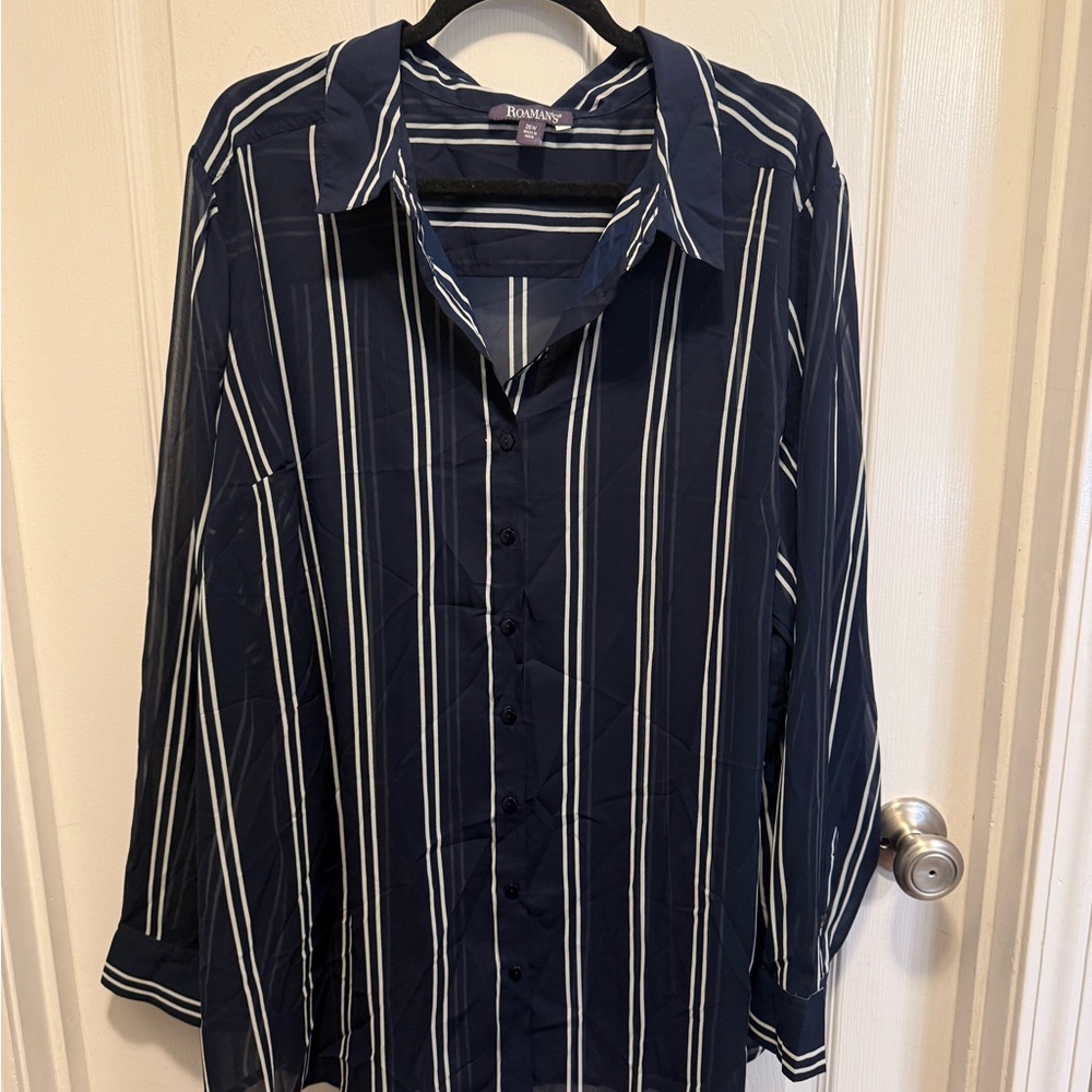 Roaman's Navy & White Vertical Stripe Button-Down Shirt